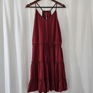 Newshows Razor Back V-Neck Front Tie Tiered Midi Dress in Dark Red Size L